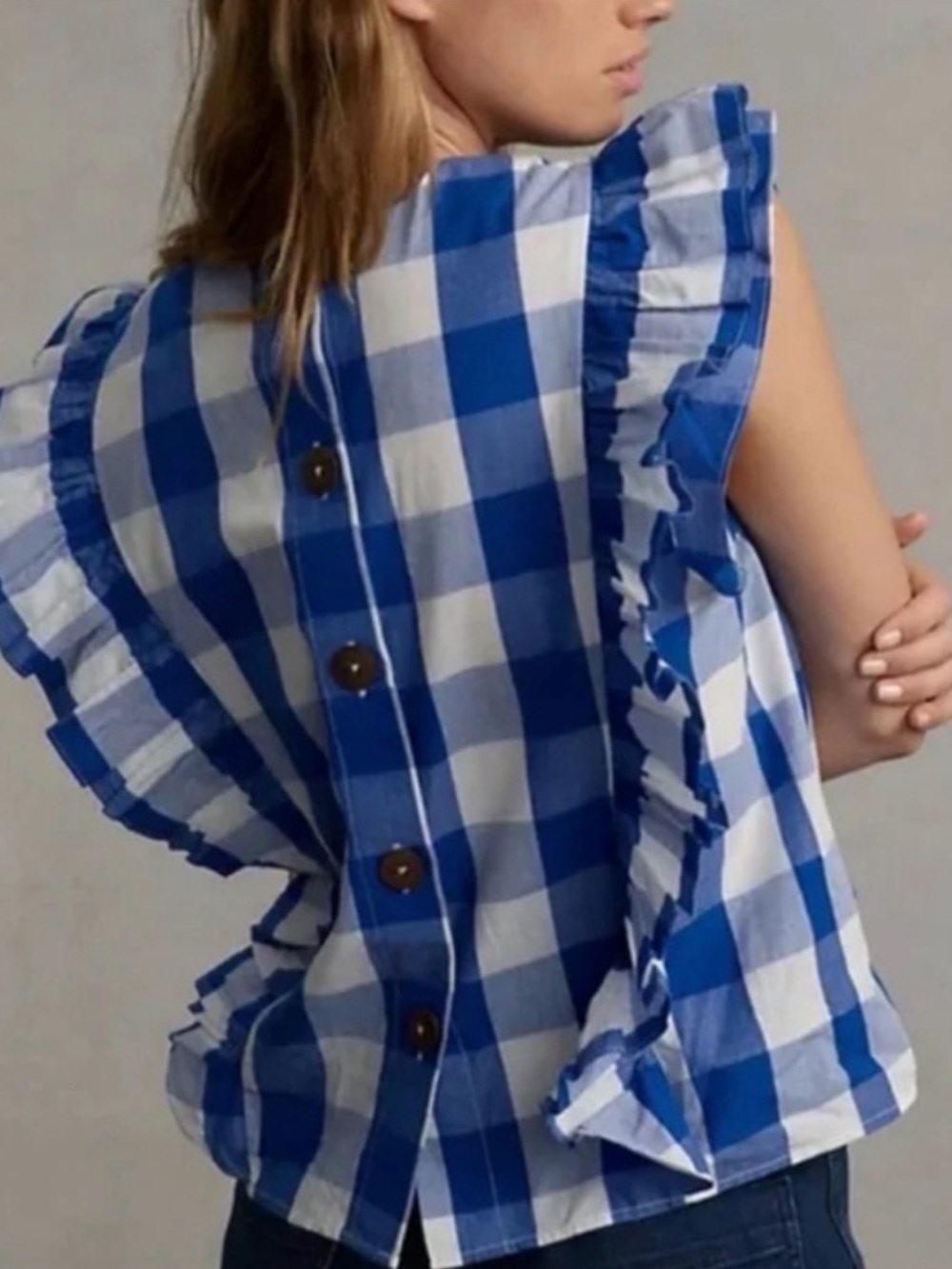 Anthropologie Whit Two Gingham Cascade Ruffle Top